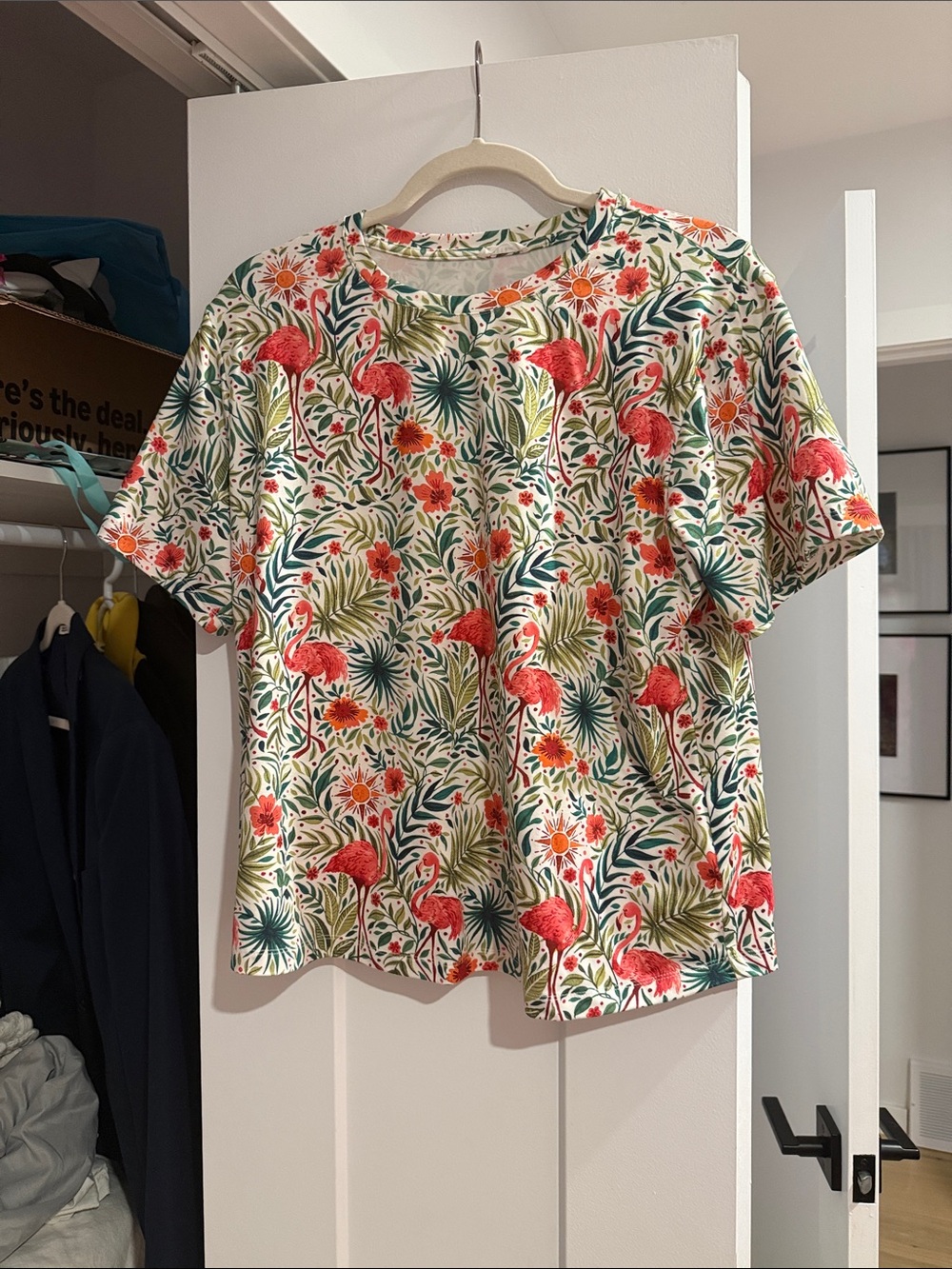 Mason Gray Women’s Tropical Flamingo Print Tee - Coral/Green